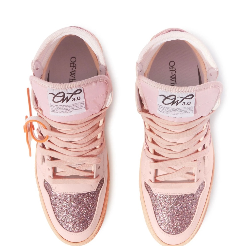 Off-White Pink High-Top Sneakers with Glitter Accents - Picture 4 of 6